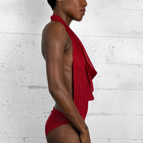 Sheer Glitter Cowl Neck Bodysuit - RED GLITTER - Picture 2 of 2